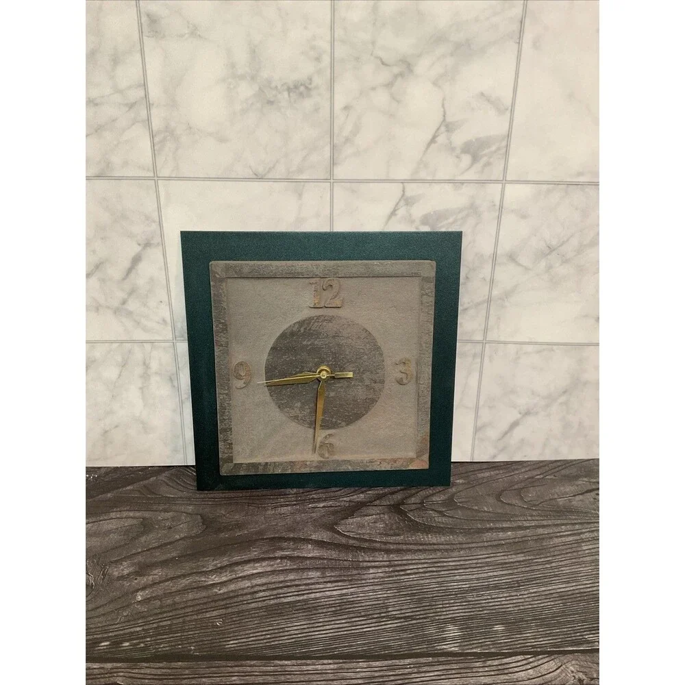Rustic Slate,metal Clock W/ Green Border, Brownish Face,gold Brass Clock Hands